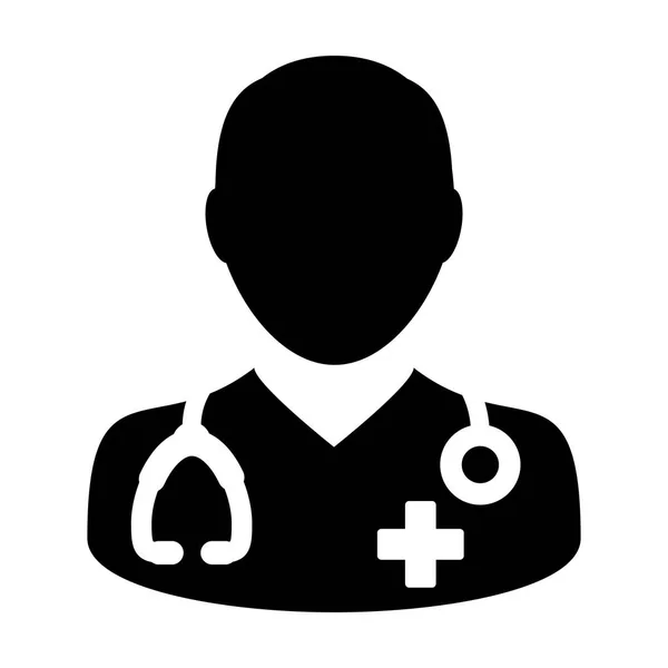 Medico Icona Vettoriale Consultazione medica Medico di sesso maschile Avatar con stetoscopio e croce Simbolo Glyph Pittogramma illustrazione — Vettoriale Stock