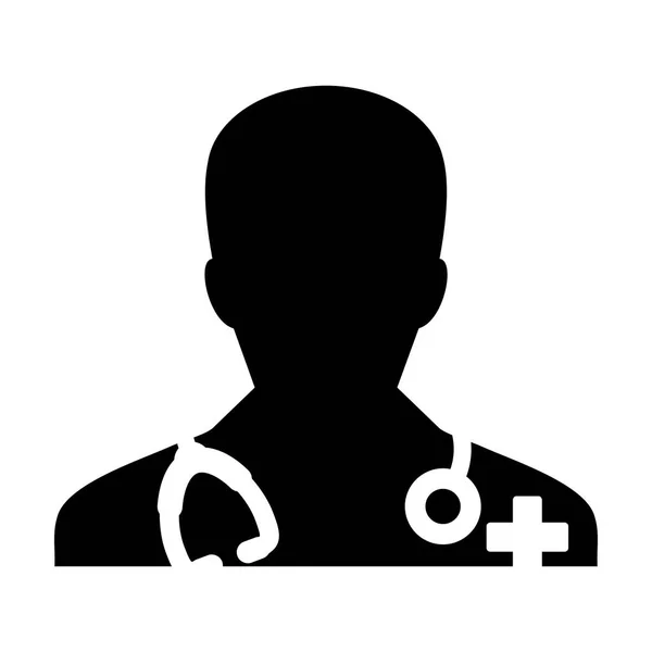 Medico Icona Vettoriale Consultazione medica Medico di sesso maschile Avatar con stetoscopio e croce Simbolo Glyph Pittogramma illustrazione — Vettoriale Stock