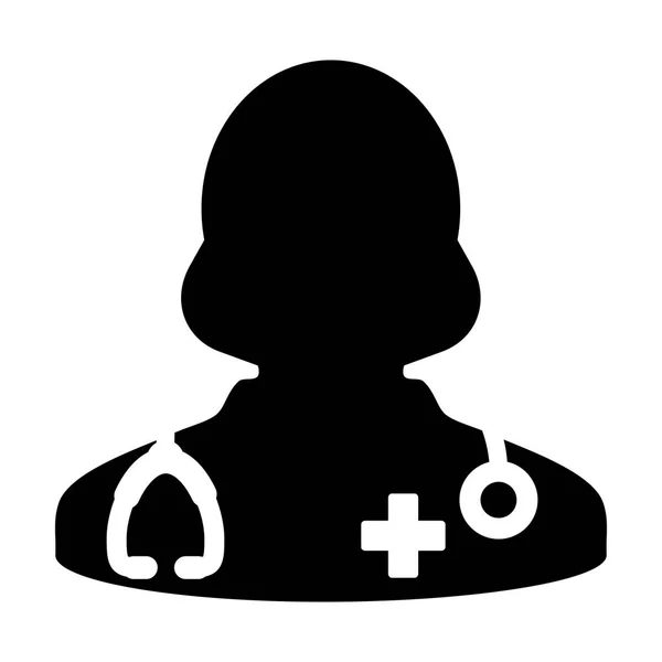 Läkare ikonen vektor medicinsk konsultation kvinnliga läkare Person Avatar med stetoskop och korsa Glyph Symbol piktogram illustration — Stock vektor