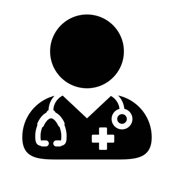 Doctor Icon Vector Medical Consultation Male Physician Avatar With Stethoscope and Cross Symbol Ilustrasi Glyph Pictogram - Stok Vektor