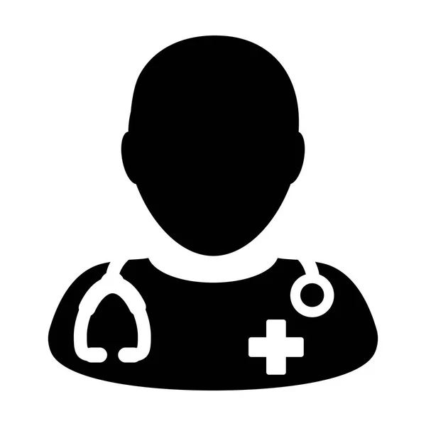 Médico Icono Vector Consulta Médica Hombre Médico Persona Avatar Con Estetoscopio y Cruz Símbolo Glifo Pictograma ilustración — Vector de stock