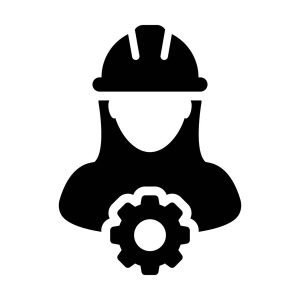 Service-Ikone Vektor weibliche Person Arbeiter Avatarprofil mit Zahnrad in Glyphen-Piktogramm Symbol Illustration — Stockvektor
