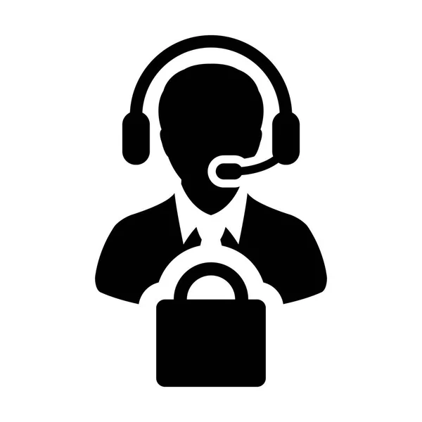 Perfil de pessoa do operador masculino do vetor do ícone do serviço Avatar com fone de ouvido e símbolo do saco de compras para o apoio em linha do comércio eletrônico na ilustração do pictograma do glifo — Vetor de Stock