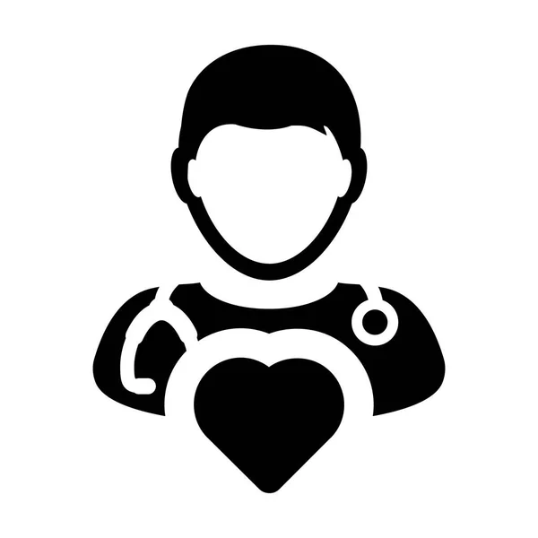 Symbole cardiaque vectoriel d'icône de docteur pour le cardiologue Spécialiste masculin Profil de médecin Avatar dans l'illustration de pictogramme de glyphe — Image vectorielle