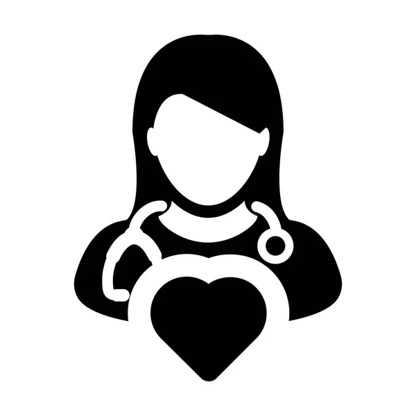 Símbolo do coração do vetor do ícone do doutor para o cardiologista Perfil do médico especialista feminino Avatar na ilustração do pictograma do glifo — Vetor de Stock