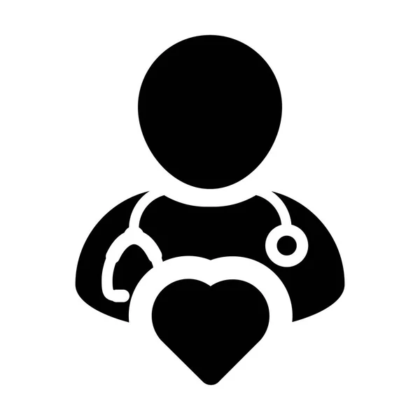 Símbolo do coração do vetor do ícone do doutor para o cardiologista Perfil do médico especialista masculino Avatar na ilustração do pictograma do glifo — Vetor de Stock