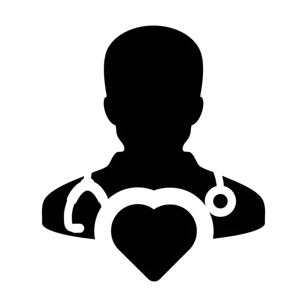 Símbolo do coração do vetor do ícone do doutor para o cardiologista Perfil do médico especialista masculino Avatar na ilustração do pictograma do glifo —  Vetores de Stock