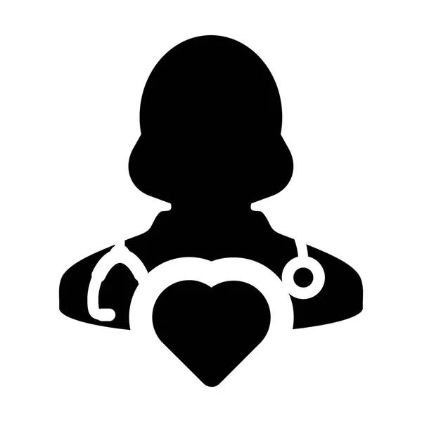 Símbolo do coração do vetor do ícone do doutor para o cardiologista Perfil do médico especialista feminino Avatar na ilustração do pictograma do glifo —  Vetores de Stock