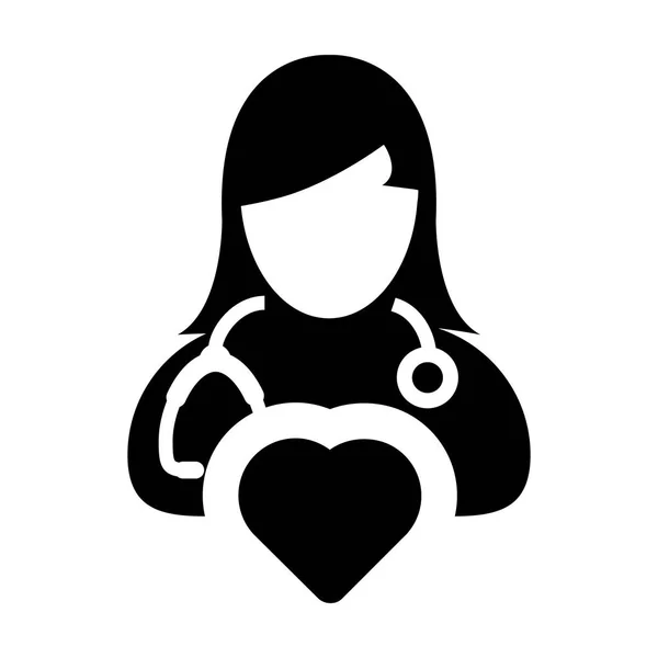 医師グリフ ピクトグラム イラストの心臓病女性のスペシャ リスト医師プロフィール アバターのアイコン ベクトル ハートマーク — ストックベクタ