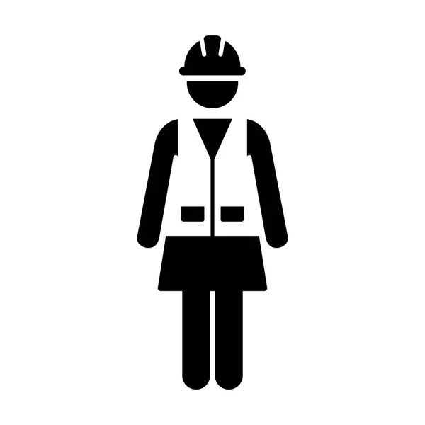 ワーカーのアイコン ベクトル女性サービスの人の建物建設職人とヘルメット ヘルメットとグリフ ピクトグラム シンボル イラストのジャケット — ストックベクタ