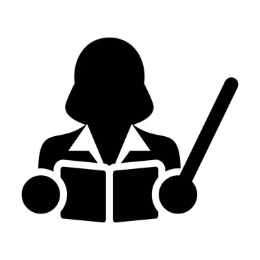 Öğretmen simge vektör kadın kişi profili Avatar bir kitap ve okul, kolej veya üniversite eğitim glif piktogram sembol illüstrasyon, öğretim