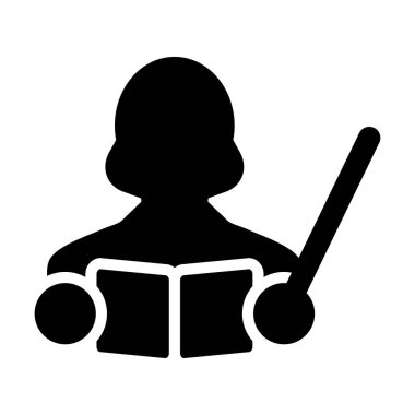 Öğretmen simge vektör kadın kişi profili Avatar bir kitap ve okul, kolej veya üniversite eğitim glif piktogram sembol illüstrasyon, öğretim