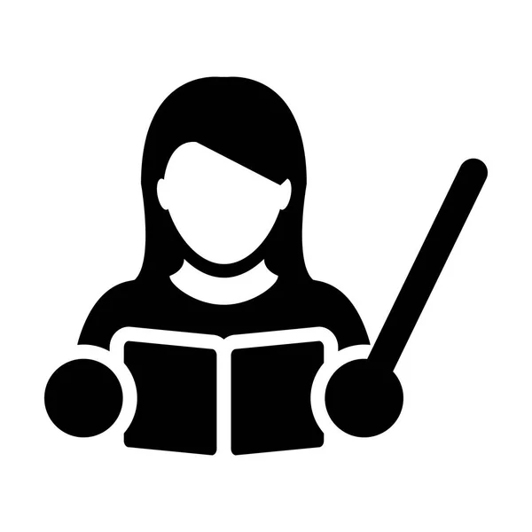 Leraar Icon Vector vrouwelijke persoon profiel Avatar met een boek en onderwijs in de School, hogeschool of universiteit voor onderwijs in Glyph Pictogram symbool afbeelding — Stockvector