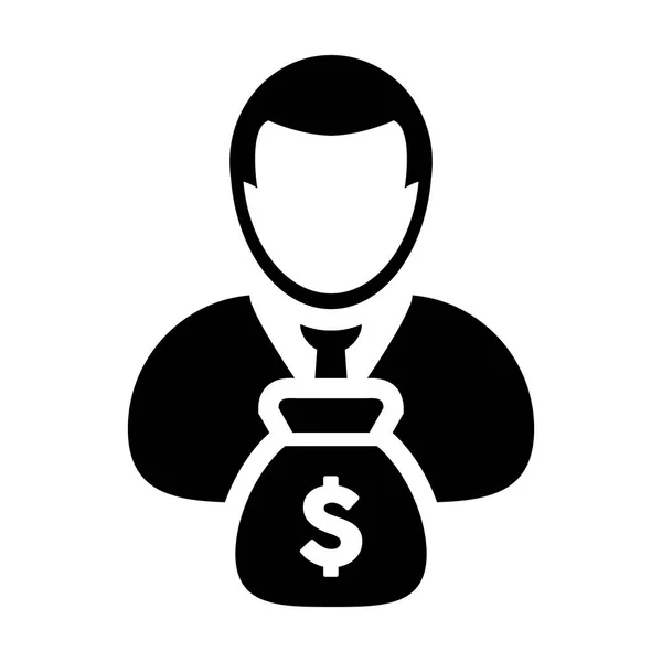 Vetor de Ícone de Pessoa com Dinheiro Saco de Dinheiro Dólar Símbolo Masculino para Banco e Consultor Financeiro Perfil Avatar em Glyph Pictogram ilustração — Vetor de Stock