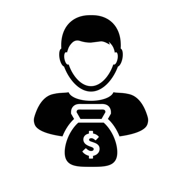 Vetor de Ícone de Pessoa com Dinheiro Saco de Dinheiro Dólar Símbolo Masculino para Banco e Consultor Financeiro Perfil Avatar em Glyph Pictogram ilustração — Vetor de Stock