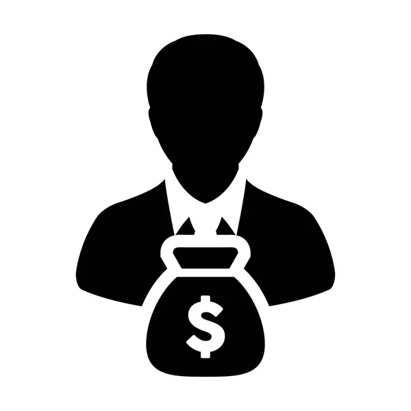 Vetor de Ícone de Pessoa com Dinheiro Saco de Dinheiro Dólar Símbolo Masculino para Banco e Consultor Financeiro Perfil Avatar em Glyph Pictogram ilustração — Vetor de Stock