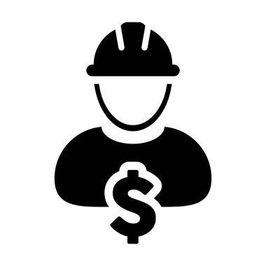 İnşaat işçisi simge vektör dolar işareti sembol erkek kişi profili Avatar ile kask kask ile glif piktogram sembol çizimde