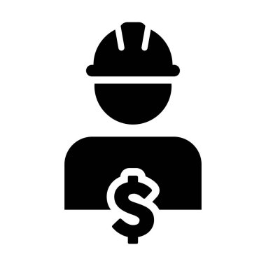 İnşaat işçisi simge vektör dolar işareti sembol erkek kişi profili Avatar ile kask kask ile glif piktogram sembol çizimde