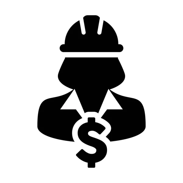 Símbolo do sinal do dólar do vetor do ícone do trabalhador da construção civil com perfil de pessoa feminina Avatar com capacete Hardhat na ilustração do símbolo do pictograma de Glyph — Vetor de Stock