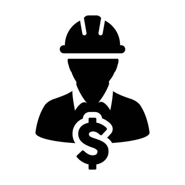 Bouw werknemer Icon Vector dollarteken symbool met mannelijke persoon profiel Avatar met veiligheidshelm helm in Glyph Pictogram symbool afbeelding — Stockvector