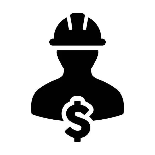 Construction Worker Icon Vector Dollar Sign Symbol with Male Person Profile Avatar With Hardhat Helmet in Glyph Pictogram Symbol illustration — Stock Vector