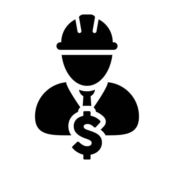 Construction Worker Icon Vector Dollar Sign Symbol with Male Person Profile Avatar With Hardhat Helmet in Glyph Pictogram Symbol illustration — Stock Vector