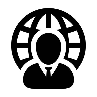 İş simge vektör erkek kişi profili avatar uluslararası ağ bağlantısı glif piktogram illüstrasyon küre simgesiyle