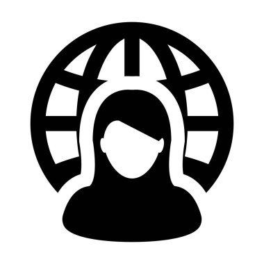 İş simge vektör kadın kişi profili avatar uluslararası ağ bağlantısı glif piktogram illüstrasyon küre simgesiyle