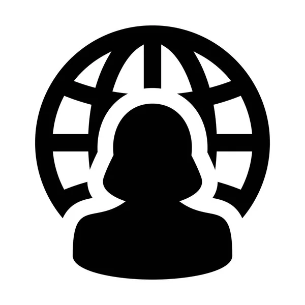 Avatar di profilo della persona femminile vettoriale icona aziendale con simbolo del globo per la connessione di rete internazionale nell'illustrazione del pittogramma del glifo — Vettoriale Stock