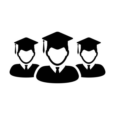 Graduation icon vector male group of students person profile avatar with mortar board hat symbol for school, college and university degree in flat color glyph pictogram illustration