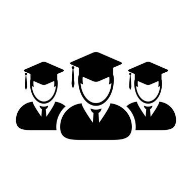 Education icon vector male group of students person profile avatar with mortar board hat symbol for school, college and university graduation degree in flat color glyph pictogram illustration