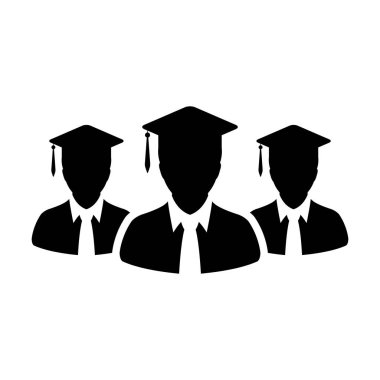 Degree icon vector male group of students person profile avatar with mortar board hat symbol for school, college and university graduation in flat color glyph pictogram illustration