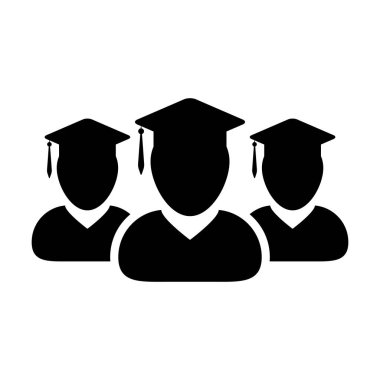 Study icon vector male group of students person profile avatar with mortar board hat symbol for school, college and university graduation degree in flat color glyph pictogram illustration