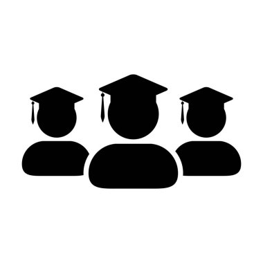 Academic icon vector male group of students person profile avatar with mortar board hat symbol for school, college and university degree in flat color glyph pictogram illustration