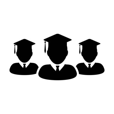 Student icon vector male group of person profile avatar with mortar board hat symbol for school, college and university graduation degree in flat color glyph pictogram illustration