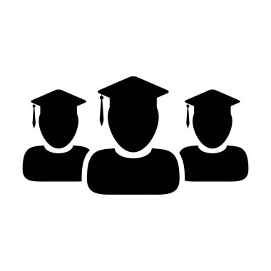 Learning icon vector male group of students person profile avatar with mortar board hat symbol for school, college and university graduation degree in flat color glyph pictogram illustration