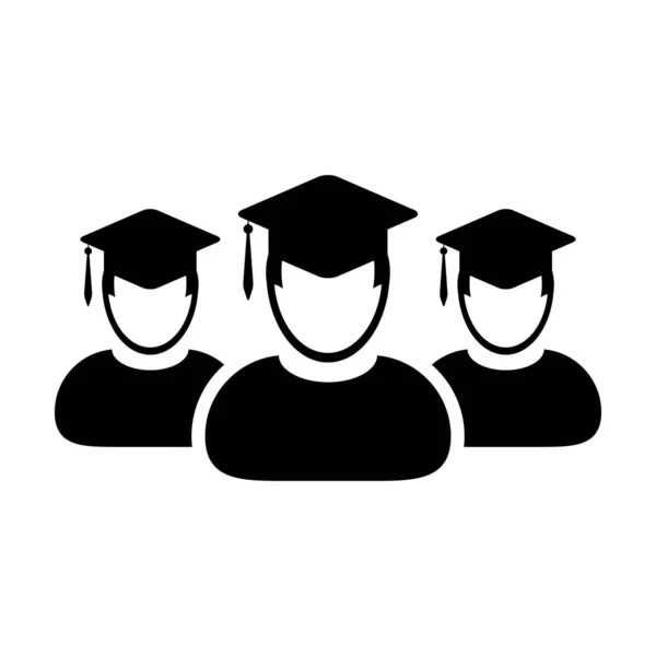 学生アイコンベクトル男性グループの人のプロフィールアバターとモルタルボードの帽子のシンボルのための学校、大学や大学の卒業度フラットカラーグリフピクトグラムイラスト — ストックベクタ