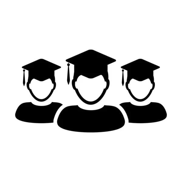 Icono de educación vector grupo masculino de estudiantes avatar perfil de persona con símbolo de sombrero de mortero para la escuela, universidad y grado de graduación universitaria en ilustración de pictograma de glifo de color plano — Vector de stock
