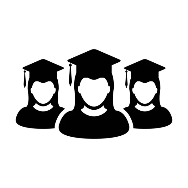 Éducation icône vecteur groupe féminin d'étudiants profil de personne avatar avec panneau de mortier chapeau symbole pour l'école, collège et université diplôme en illustration de pictogramme de glyphe de couleur plate — Image vectorielle