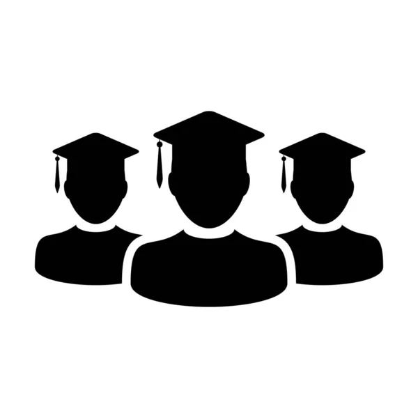 卒業アイコンベクトルの男性グループの学生のプロフィールアバターとモルタルボードの帽子のシンボルのための学校、大学やフラットカラーグリフピクトグラムイラストの大学の学位 — ストックベクタ