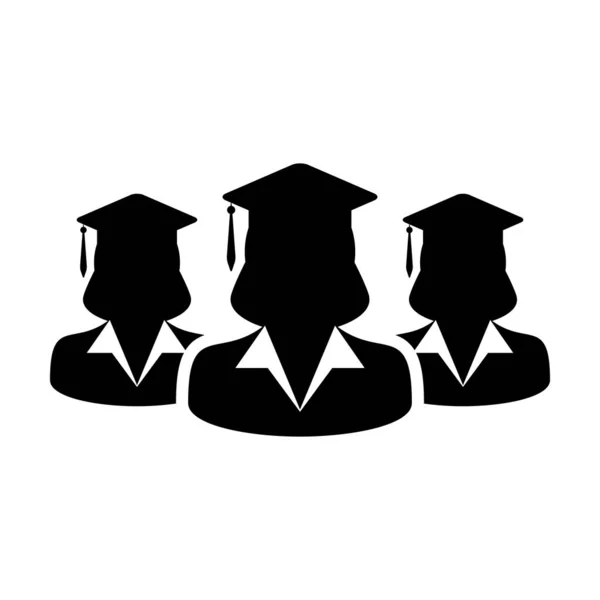 Icona della scuola vettore gruppo femminile di studenti profilo della persona avatar con mortaio bordo cappello simbolo per la scuola, college e laurea laurea in colore piatto illustrazione pittogramma glifo — Vettoriale Stock