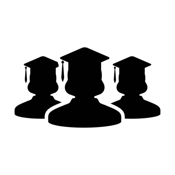 Examen ikon vektor kvinnlig grupp av studenter person profil avatar med murbruk styrelse hatt symbol för skolan, college och universitet examen i platt färg glyf piktogram illustration — Stock vektor