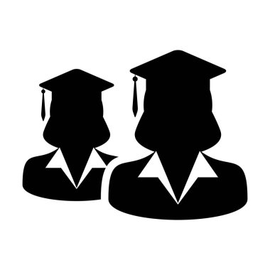 School icon vector female group of students person profile avatar with mortar board hat symbol for school, college and university graduation degree in flat color glyph pictogram illustration