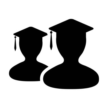 Education icon vector male group of students person profile avatar with mortar board hat symbol for school, college and university graduation degree in flat color glyph pictogram illustration