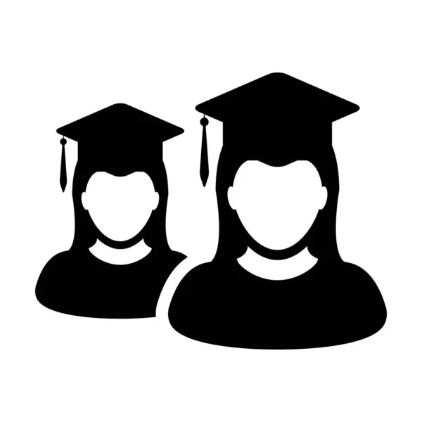 Éducation icône vecteur groupe féminin d'étudiants profil de personne avatar avec panneau de mortier chapeau symbole pour l'école, collège et université diplôme en illustration de pictogramme de glyphe de couleur plate — Image vectorielle