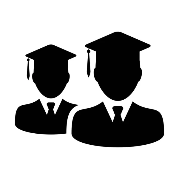 卒業アイコンベクトルの男性グループの学生のプロフィールアバターとモルタルボードの帽子のシンボルのための学校、大学やフラットカラーグリフピクトグラムイラストの大学の学位 — ストックベクタ