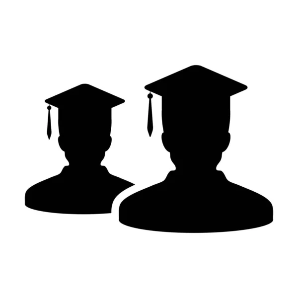 Icono de aprendizaje vector grupo masculino de estudiantes avatar perfil de persona con símbolo de sombrero de tablero de mortero para la escuela, universidad y grado de graduación universitaria en ilustración de pictograma de glifo de color plano — Vector de stock