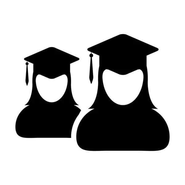 Vetor de ícone de formatura grupo feminino de estudantes perfil de pessoa avatar com símbolo de chapéu de placa de argamassa para a escola, faculdade e diploma universitário em ilustração de pictograma de glifo de cor plana — Vetor de Stock