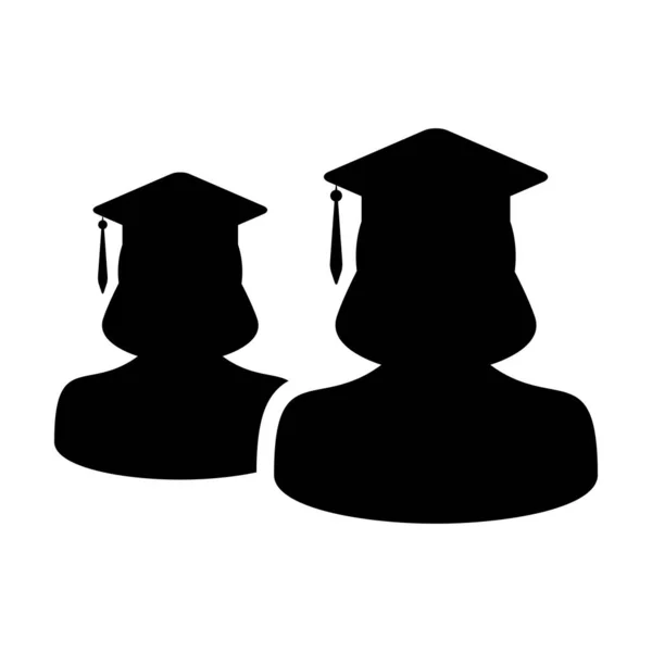 College icon vector gruppo femminile di studenti profilo persona avatar con mortaio bordo cappello simbolo per la scuola e laurea laurea in colore piatto glyph pittogramma illustrazione — Vettoriale Stock