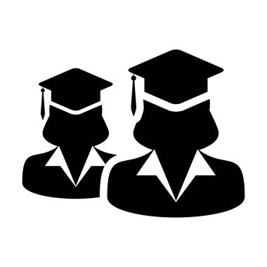 School icon vector female group of students person profile avatar with mortar board hat symbol for school, college and university graduation degree in flat color glyph pictogram illustration